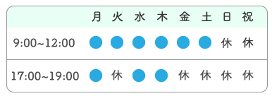 診療時間は9:00~12:00、17:00~19:00　※火曜、金曜、土曜午後は休診　日曜、祝日は終日休診となりますのでご注意ください。